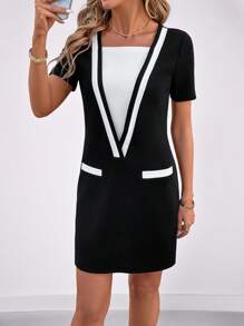 SHEIN Clasi 女士撞色黑白短袖针织宽松休闲百搭短裙 - 黑與白 - 查看 3