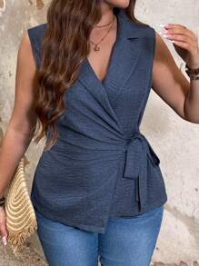 SHEIN Clasi Blazer y chaleco de traje casual regular con lazo de unicolor, para mujer talla grande, para vacaciones, negocios, primavera, verano, graduación, regreso a la escuela, maestras - Azul - Ver 6