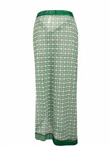 Swim Oasis Plus Size Women 2pcs Set Spliced Halter One-Piece Swimsuit With Printed Long Cover Up Skirt, Fashionable & Elegant Beach Vacation Swimwear For Summer - Green - View 6