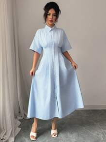 Selianne Elegant Collared Short Sleeve Button Down Waist Striped Spring/Summer Dress - Blue - View 5