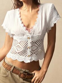 Bohemela 梭织印花休闲宽松袖水洗女式衬衫 - 藍色 - 查看 1