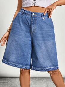 Freevana 加大码蓝色牛仔休闲宽松百慕大短裤，夏季度假牛仔西部装女士商务休闲女士节日机场毕业伊比沙岛海滩夏威夷音乐会波西米亚高腰短裤飘逸裤 - 藍色 - 查看 4