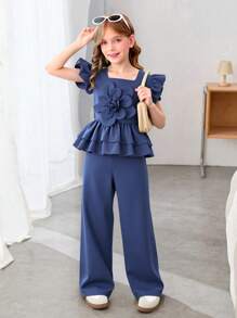2pcs/Set Tween Girls Boat Neck Ruffle Hem Short Sleeve Top And Long Pants Elegant Outfit - Blue - View 1