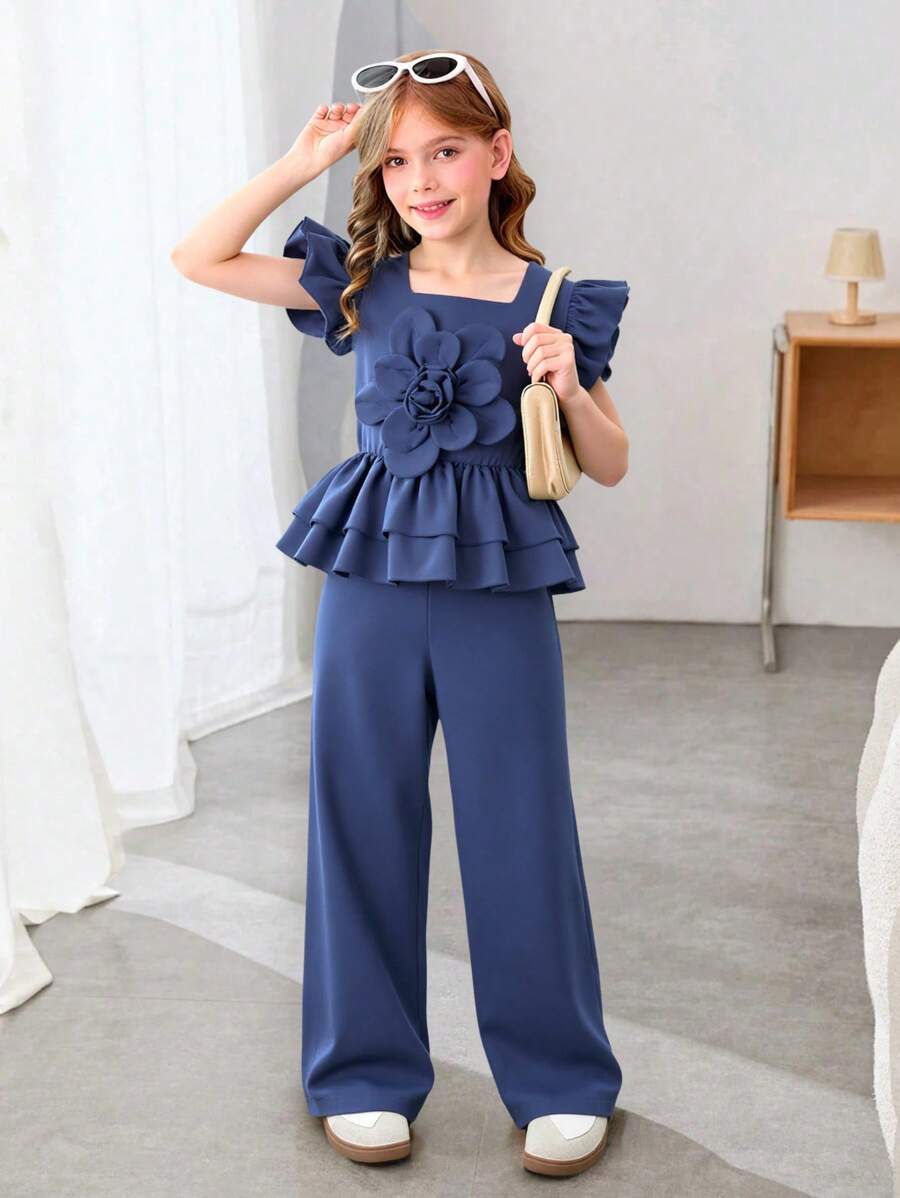 2pcs/Set Tween Girls Boat Neck Ruffle Hem Short Sleeve Top And Long Pants Elegant Outfit - Blue - View 1
