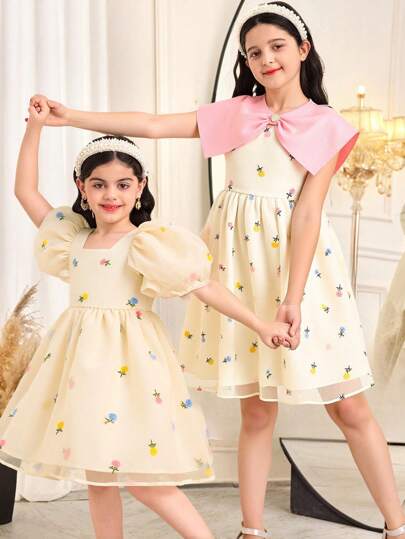 SHEIN Tween Girls' Elegant Organza Embroidery Contrast Bow Collar Sleeveless Diamond Decor Ruched Tiered Flare Dress In Apricot