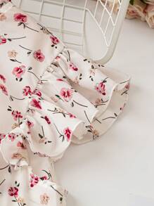 Franclia 女士甜美优雅荷叶边圆领碎花印花宽松衬衫，适合度假和日常穿着 - 杏色 - 查看 3