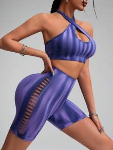 Innovista Innovista Dark Purple Seamless Tie-Dye Activewear Set,Sexy Summer Push-Up Sports Bra & Mesh Shorts,Removable Pads,Tummy Control Sculpting Fit For Gym & Cardio - Multicolor - View 4