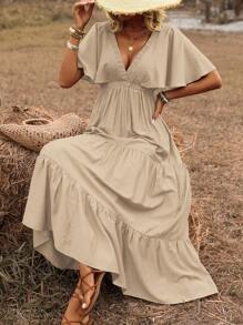 Breezaya 女士纯色波西米亚风格假日沙滩裙，V 领，荷叶边主教袖，腰带，分层下摆设计，短袖长裙，春夏 - 卡其色 - 查看 7
