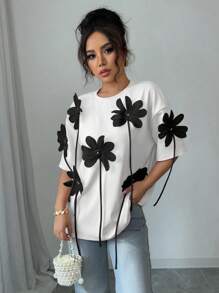 Chiquease Women's Elegant 3D Flower Pink Short Sleeve T-Shirt, Suitable For Valentine's Day - Multicolor - View 5