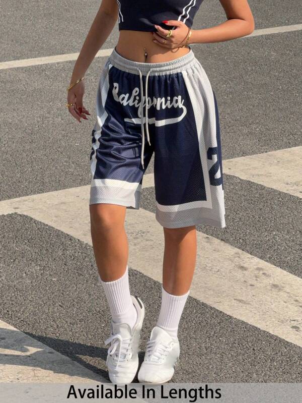 SHEIN Tall CURVE Plus Size Summer Casual Colorblock Letter Print Shorts ,Basketball Shorts