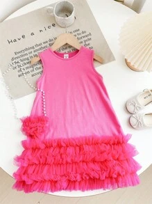 Vestido de punto de color liso con cuello redondo, adorno de volantes, sin mangas y bolso de hombro diagonal para niña - Rosa Fucsia - Ver 6