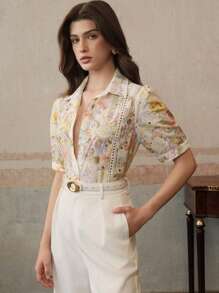 Anewsta 优雅时尚刺绣泡泡袖女式衬衫，适合度假、夏季穿着 - 彩色 - 查看 3