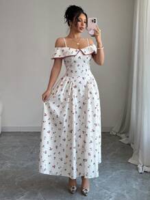 Modelyn 女士优雅碎花露肩细肩带连衣裙，夏季 - 米色 - 查看 5