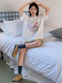 DAZY Camiseta de verano con cuello redondo, lazo impreso, camiseta oversize con estampado gráfico, camiseta casual para mujer/niña