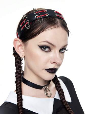 Grunge Punk 1pc Punk Style Hairband With Belt Strap, Colorblock Red & Black Headband, Niche Design Fashionable Hair Accessory Diadema Hair Hoop