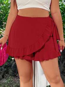 SHEIN LUNE Plus Size Women Summer Plain Ruffle Hem Wrap Casual Black Skort Black Skirt Womengirl Black Skirtblack Skirt - Burgundy - View 4