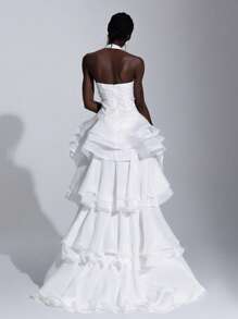 Elitara Elegant White Sequins Embroidered 3D Flower Deep V-Neck Sleeveless Ruffled Hem Maxi Dress, Suitable For Wedding, Bride, Bridal Shower Gown