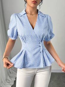 Firerie Women's Elegant Sleeveless V-Neck Bowknot Ruched Striped Blouse - Blue and White - View 3