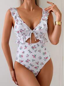 SHEIN Swim 1pc Women's Ditsy Floral Ruffled One-Piece Swimsuit, Beach Wear - Multicolor - View 5