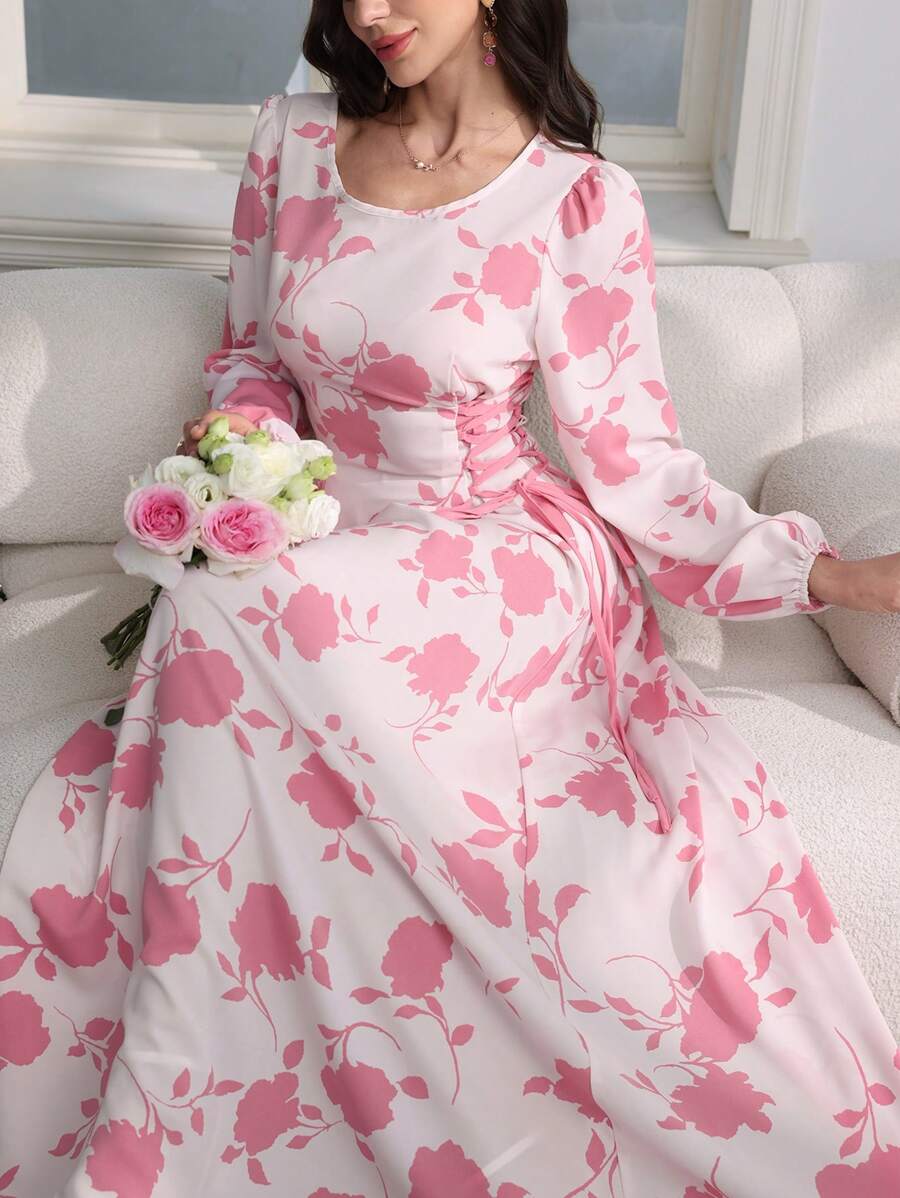 Modelyn 圆领花卉印花灯笼袖侧抽绳阿拉伯风格中长连衣裙 - 粉色 - 查看 1
