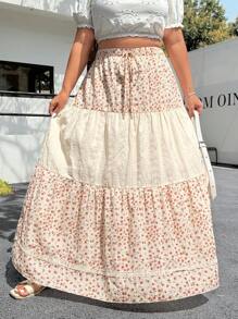 SHEIN EZwear Plus Size Summer Casual Bohemian Mini Ditsy Floral Patchwork Skirt - Multicolor - View 4