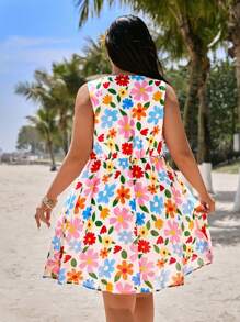 SHEIN EZwear Plus Size Women V-Neck Casual Sleeveless Dress For Summer Vacation - Blue - View 3
