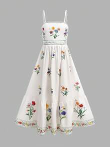 Tween Girl Elegant Sleeveless A-Line Plant Print Dress, Suitable For Holiday - Apricot - View 1