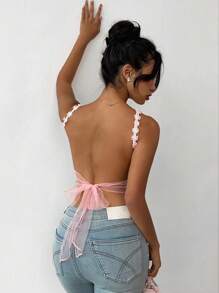 Chiquease Top sin espalda con cruce y nudos en la espalda para mujer - Rosa Pálido - Ver 5