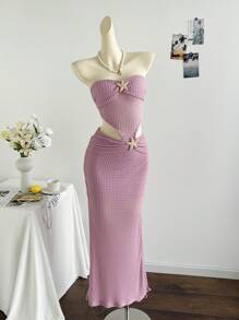 Soleia 海滩金属贝壳装饰度假白色镂空高腰提花弹力鱼尾连衣裙 - 玫紅色 - 查看 6