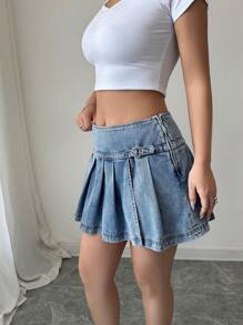 Elenzga Low Waist Denim Shorts Women, New Fashionable Versatile American Style A-Line Sexy Skorts, Suitable For All Seasons - Blue - View 5