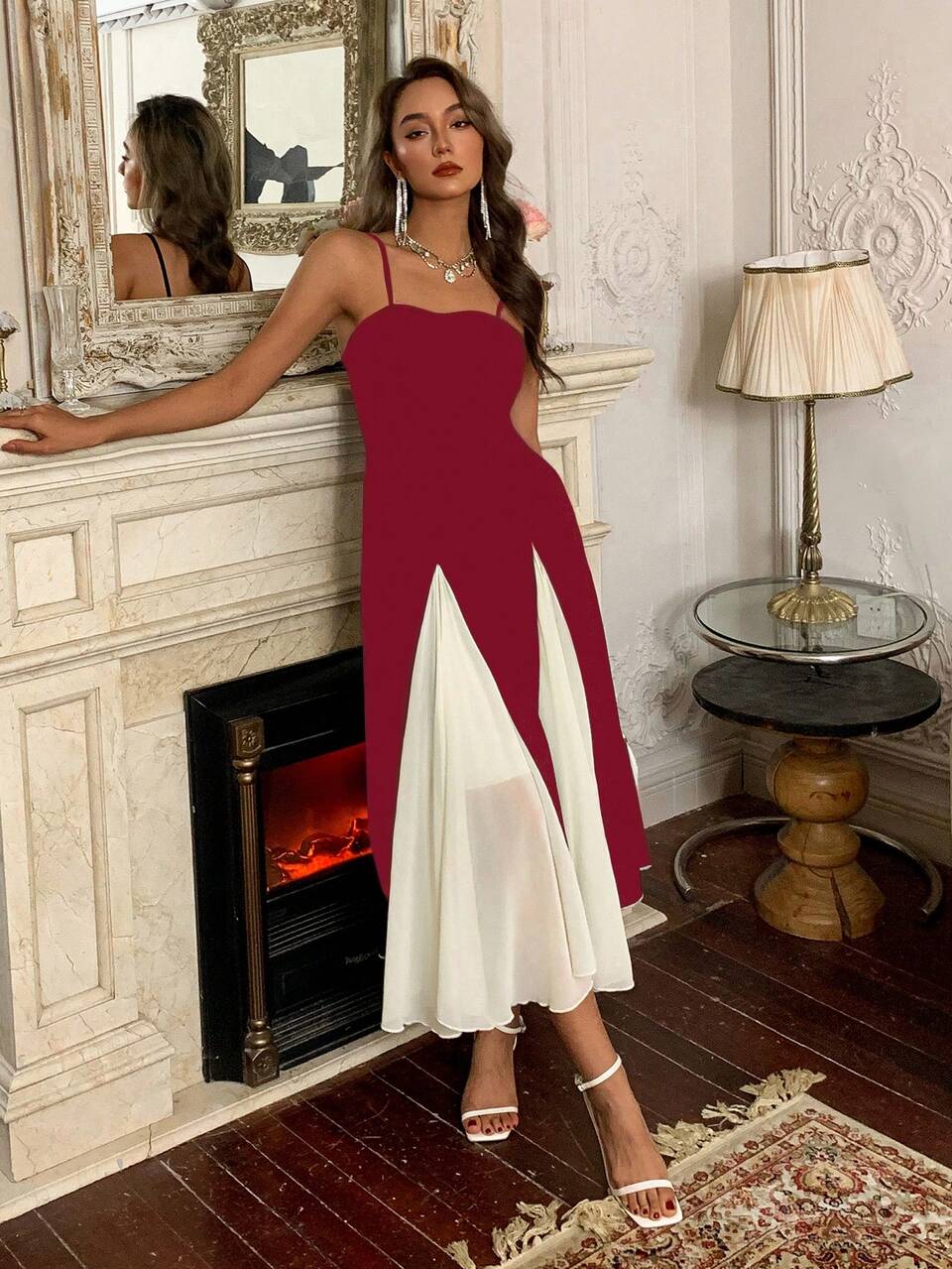 Ancora Red Two-Tone Contrast Splice Mid-Long Summer Dress For Women,Formal Women Dresses