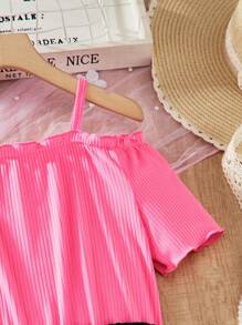 Teen Girl Butterfly Print Open Shoulder Short Sleeve Gathered Waist Dress - Hot Pink - View 5