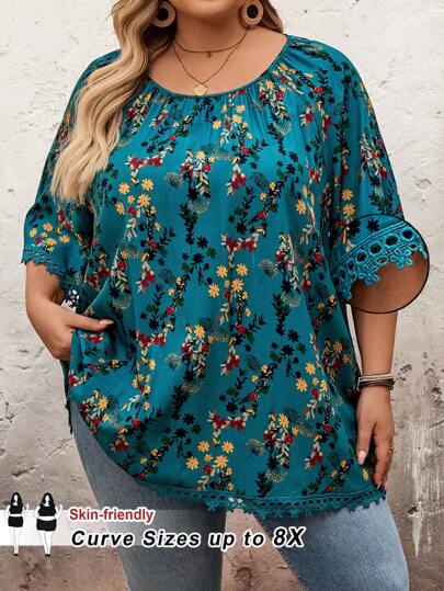 SHEIN CURVE+ Plus Size Women Ditsy Floral Round Neck Raglan Sleeve Loose Shirt, Summer Holiday, Curve Plus, Boho Vacation Beach Outfits For Woman/Beach /Beach Vacation Outfits/Beach Essentials / Graduation/Tea Party 