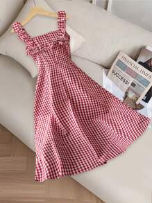 SHEIN PETITE Women's Casual Vacation Red Plaid Spaghetti Strap Fitted A-Line Mid-Length Dress, Spring/Summer - Red and White - View 2