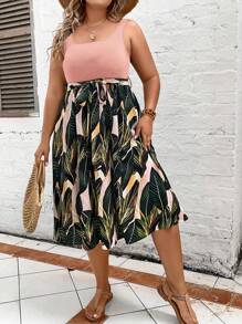 SHEIN VCAY Plus Size Botanical Print Square Neck Pocket Belted Sleeveless Dress,Summer Outfits For Women,Sun Dresses For Women - Baby Pink - View 3