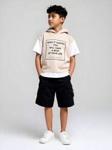 SHEIN 2pcs/Set Tween Boy Beige Summer Streetwear School Back-To-School Letter Print Oversized Hooded T-Shirt & Contrast Drawstring Cargo Shorts Set,Travel - Khaki - View 2
