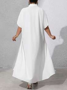 EMERY ROSE 夏季优雅外出上衣休闲白色短袖长款开襟衬衫领超大束腰外衣 - 白色 - 查看 2