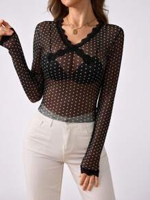 SHEIN Clasi Knitted Mesh Classic Polka Dot Pattern V-Neck Long Sleeve Fitted Ladies Blouse