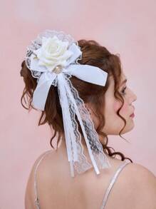 ROMWE Kawaii 1 pieza Vintage Clip de pelo con gran lazo de perla y rosa blanca, Clip de pelo con cinta de encaje blanco estilo Rococó dulce, Accesorio de pelo hecho a mano para fiesta de té Lolita, Pinza de pelo, Pasador de pelo