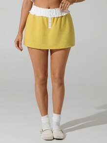 Hanevo Women's Short Knit Contrast Color Drawstring Skirt With Eyelet Detailing Sportwear For Daily Wear - Yellow - View 4