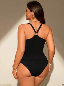 Swim Chiccia Plus Size Women 2pcs Solid Color Simple Casual Summer Vacation Beach Attire Tank Top And Bikini - Black - View 2