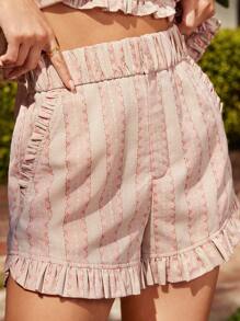 WESTFADE 西部乡村女牛仔套装民间条纹编织圆领可爱蝴蝶结后背镂空荷叶边背心和高腰松紧腰荷叶边下摆短裤两件套春夏套装 - 粉色 - 查看 5