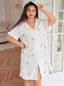 SHEIN Heart Pattern Ruffle Trim Snap Front White Short Sleeve Nightgown - White - View 1
