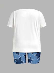Slaydiva 2pcs Plus Size Women Stars Texture Print Short Sleeve T-Shirt And Shorts Set - Blue - View 2