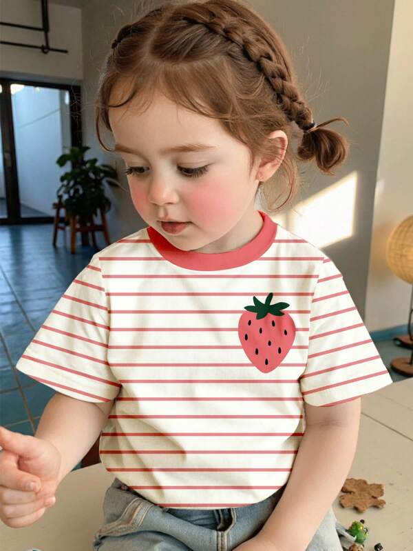 SHEIN Young Girl Casual Cute Strawberry Striped Printed Simple Round Neck Short Sleeve T-Shirt, Suitable For Summer