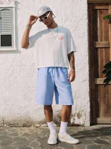 ROMWE MEN Men's Casual Striped Drawstring Waist Shorts, Summer Vacation - Blue - View 4