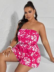 SHEIN VCAY Plus Floral Print Tube Romper Spring Summer Women - Hot Pink - View 5