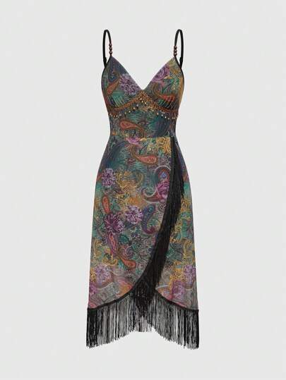 Retro Hippie Damen Kleid mit westlichem Musik Festival Muster, durchsichtige Holzperlen Fransen Saum und Paisley Muster