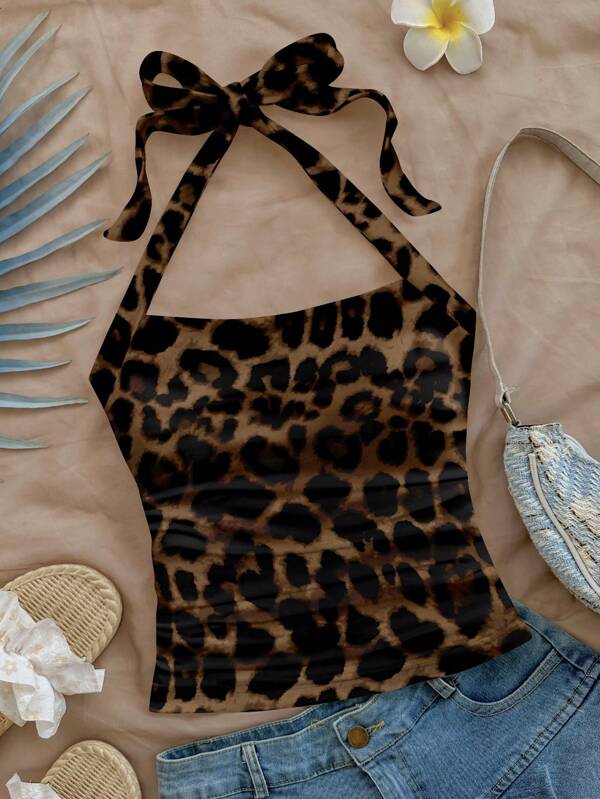 Soleia Plus Size Minimalist Leopard Print Camisole And Tank Top Set, Suitable For Summer Vacation Suitable For Going Out