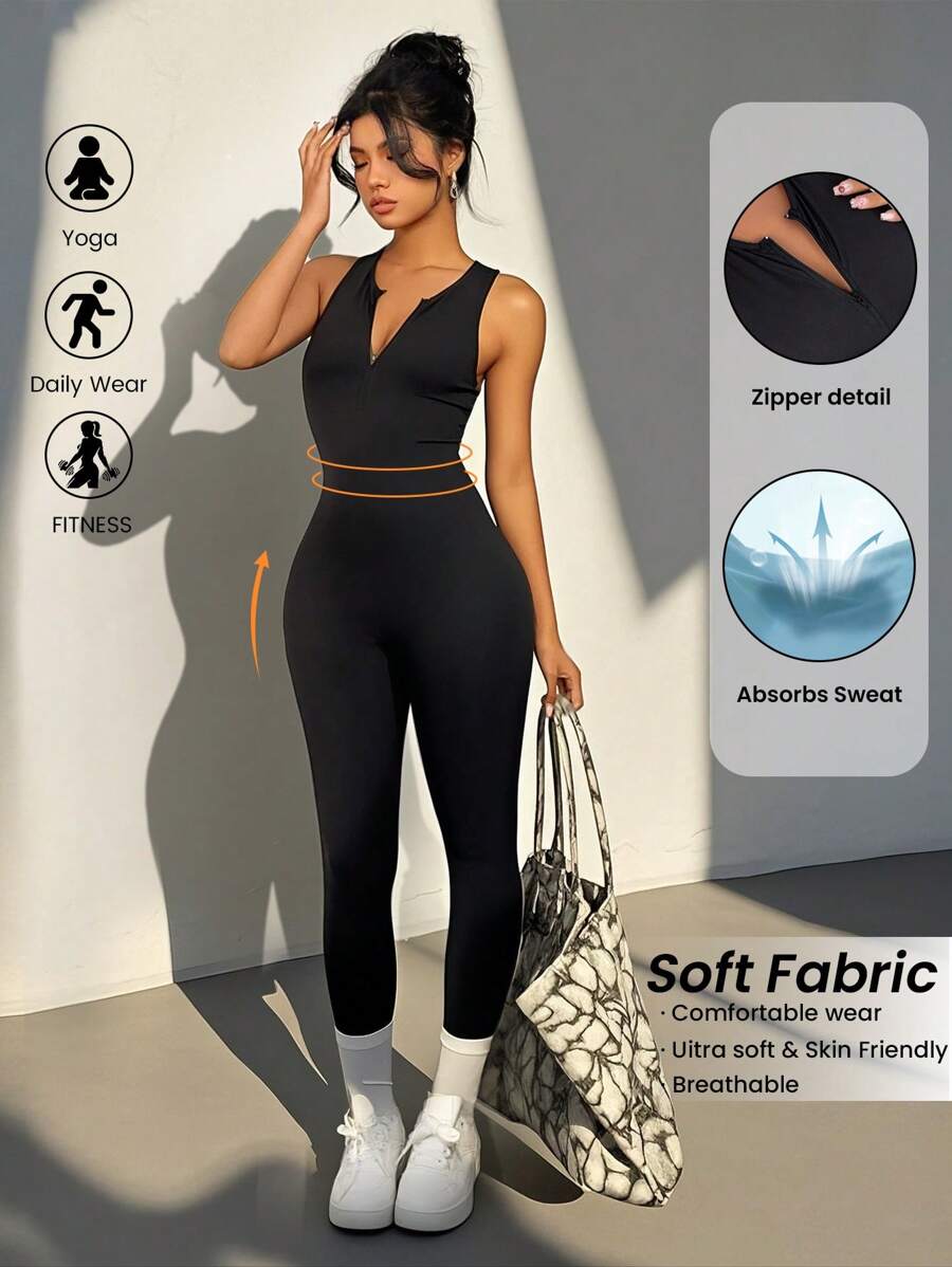 Chiquease Women's Sleeveless Solid Color Backless Moisture Wicking Jumpsuit - Black - View 1